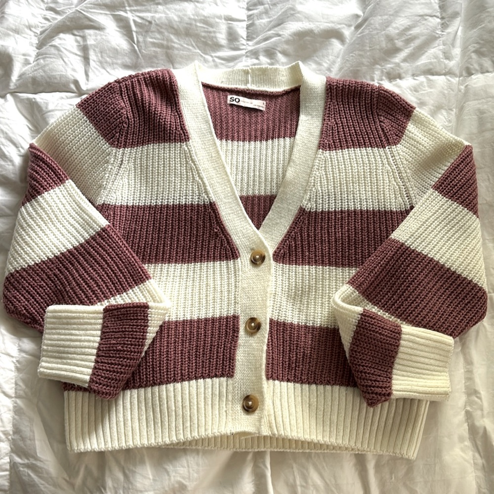 Kohls Dark Pink and White Striped Cropped Cardigan